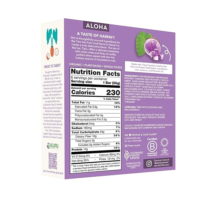 ALOHA Organic Plant Based Protein Bars | The Taro Bar - Special Edition | 6 Count, 1.98oz Bars | Vegan, Low Sugar, Gluten Free, Paleo, Low Carb, Non-GMO, Stevia Free, Soy Free, No Erythritol