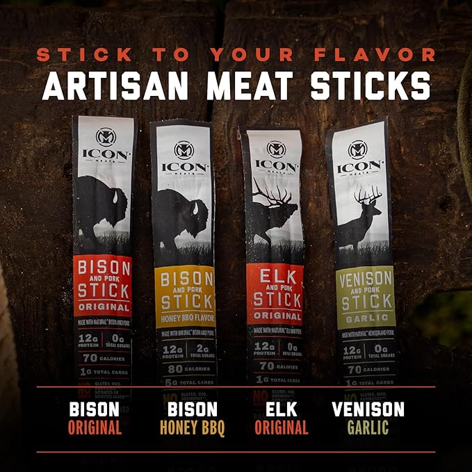 ICON Meats Snack Sticks Sampler, 24 Pack High Protein Snacks, Assorted Bison, Elk, Venison & Pork Individually Wrapped Meat Sticks 6 Per Flavor, Gluten Free, Low Sugar, Gifts or Stocking Stuffers