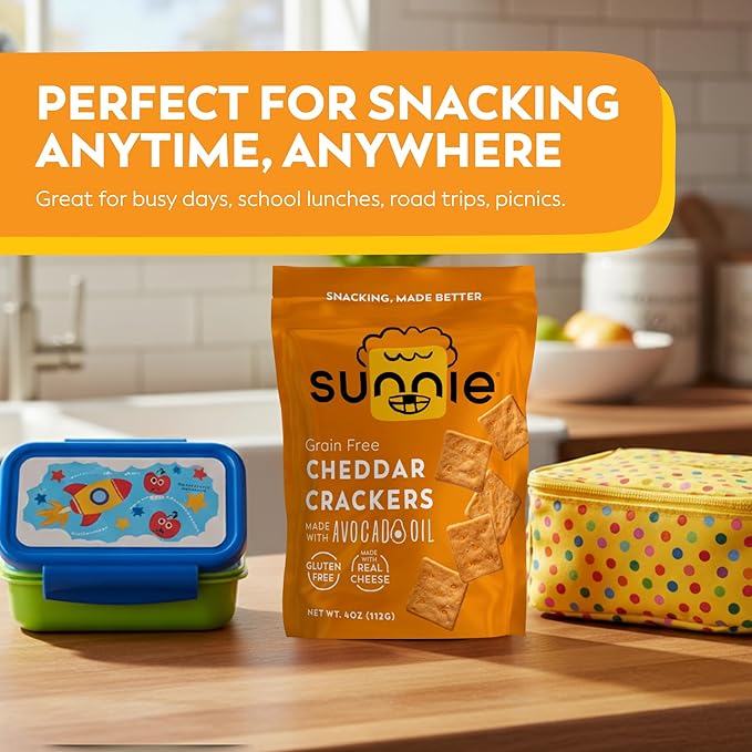 Sunnie Gluten Free Cheddar Crackers, Healthy Grain-Free Cracker Made with Real Cheese, Snacks for Kids & Adults, Made with Avocado Oil, Low Calorie Snack, 4 oz, Pack of 6