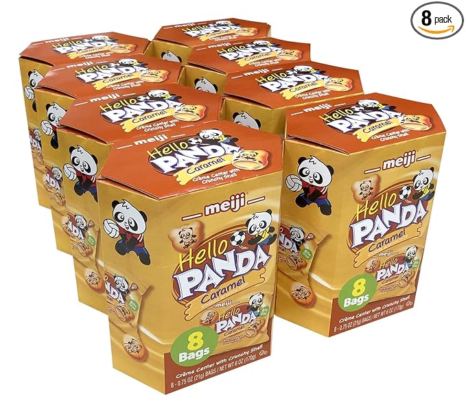 Meiji Hello Panda Cookies, Caramel Crème Filled - 6 oz, Pack of 8, 64 Bags Total - Bite Sized Cookies with Fun Panda Sports