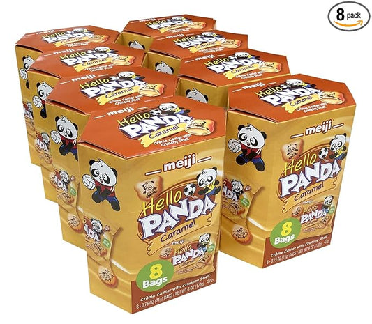 Meiji Hello Panda Cookies, Caramel Crème Filled - 6 oz, Pack of 8, 64 Bags Total - Bite Sized Cookies with Fun Panda Sports