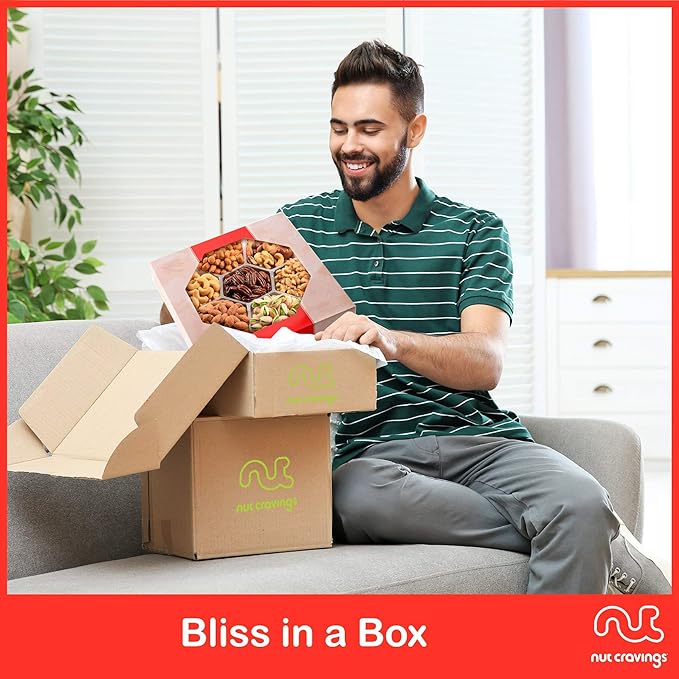 NUT CRAVINGS - Valentines Day Mixed Nuts Gift Basket in Red Gold Box (7 Assortments, 2 LB) Treats for Adults, Food Arrangement, Healthy Snack Care Package, Kosher