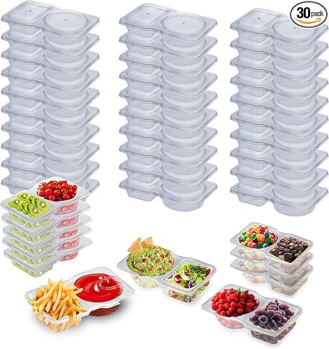 30Sets Snack Containers, Reusable Double 2 Compartment Condiment with lids for Sauces Dipping,Disposable and Ideal On the Go Or Grab to Pack