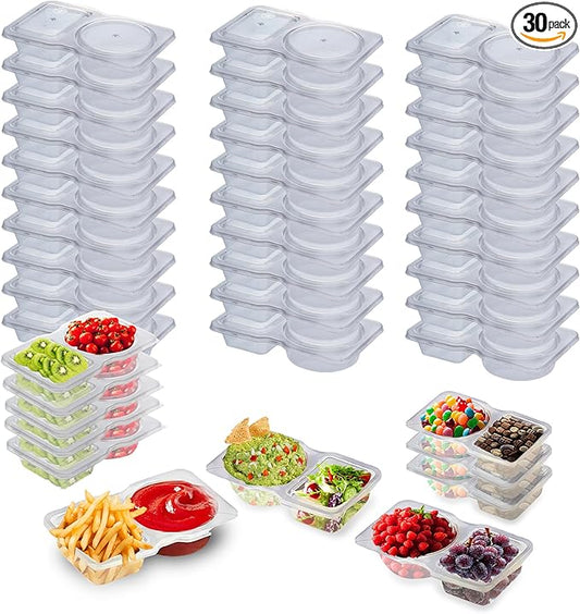 30Sets Snack Containers, Reusable Double 2 Compartment Condiment with lids for Sauces Dipping,Disposable and Ideal On the Go Or Grab to Pack