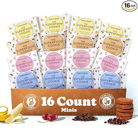 Love + Chew Superfood Soft Baked MINI Cookies Variety Pack, Plant Based Cookie With Almonds, Dates, and Chia Seeds for Kids and Adults, Vegan Snacks, Gluten Free, Paleo, Non GMO, 16 Pack