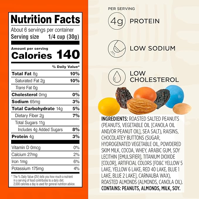 Snak Club Energizer Trail Mix with Roasted Salted Peanuts, Raisins, Chocolatey Candies, Roasted Almonds, Gluten-Free and Kosher Snack, 6.75 oz Resealable Bags, 6 Pack