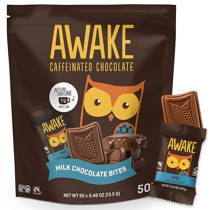 AWAKE - Caffeinated Chocolate Bites - Milk Chocolate, 50 Bites - 50mg Caffeine - Individually Wrapped Energy Bites - Coffee Alternative - Fairtrade, Gluten Free, Non GMO - 0.48oz