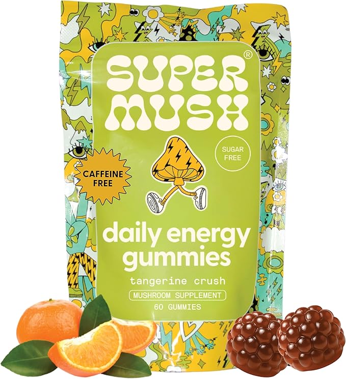 SuperMush Energy Mushroom Gummies - Organic Lions Mane Supplement with Cordyceps, Rhodiola, L-Theanine, Maca - Vegan & Sugar-Free - Energy, Focus, Stamina, Stress Reduction - 60 Gummies (30 Servings)