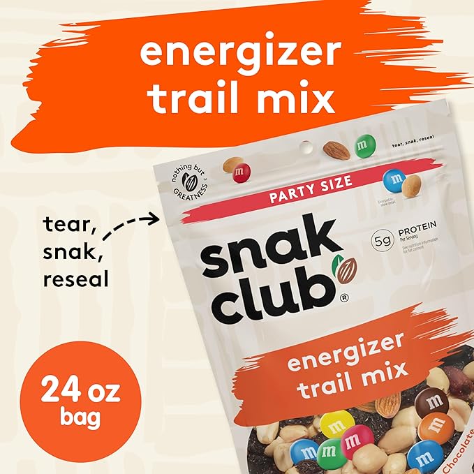 Snak Club Energizer Trail Mix with Roasted Salted Peanuts, Raisins, M&M’S Chocolate Candies, Roasted Almonds, Gluten-Free and Kosher Snack, 24 oz Resealable Bag