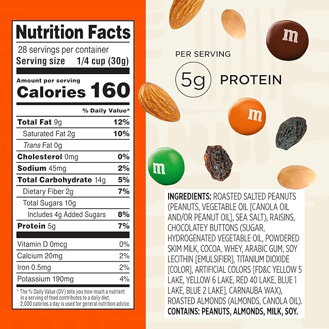 Snak Club Energizer Trail Mix with Roasted Salted Peanuts, Raisins, M&M’S Chocolate Candies, Roasted Almonds, Gluten-Free and Kosher Snack, 24 oz Resealable Bag