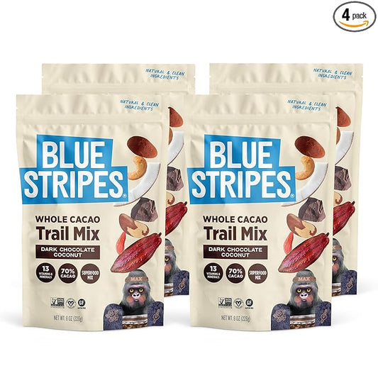 Blue Stripes - Trail Mix, Dark Chocolate Coconut, Mixed Nuts, Healthy Snacks for Adults, Cashews, Whole 70% Cacao, With Unrefined Sugar, Non GMO, Gluten Free, Vegan - 4 Pack, 8 oz