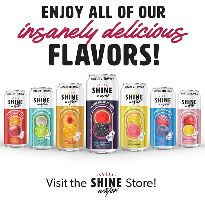 Shine Water Watermelon Blackberry Vitamin D Electrolyte Drinks 12-Pack, Sugar Free Flavored Water with Magnesium, Zinc & Antioxidants, Low Calorie Hydration Beverage, Plant-Based Vitamin Water Zero Sugar