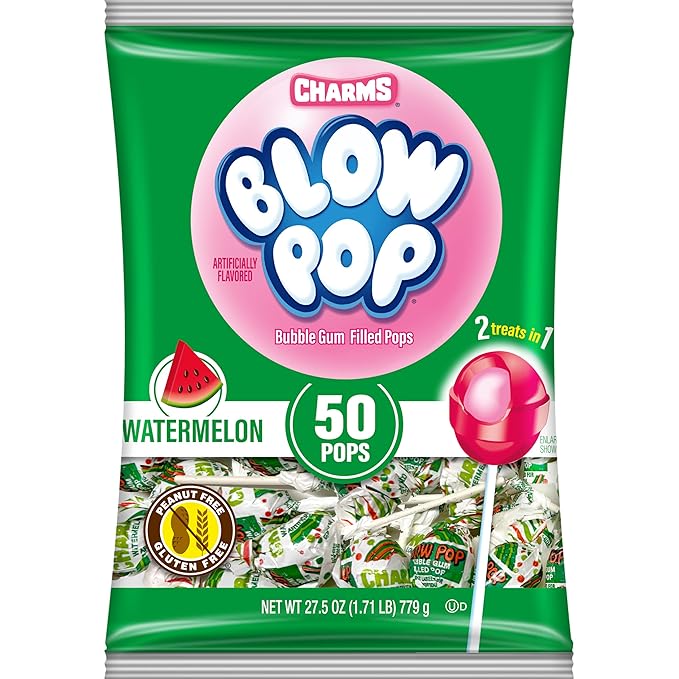 Charms Blow Pop Single Flavor Bag - Watermelon Flavored Lollipops with a Bubble Gum Center - Individually Wrapped Hard Candy - Pink Candy - Peanut Free, Gluten Free, 50 Count (Pack of 1)
