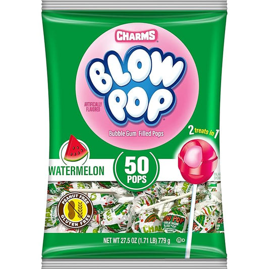 Charms Blow Pop Single Flavor Bag - Watermelon Flavored Lollipops with a Bubble Gum Center - Individually Wrapped Hard Candy - Pink Candy - Peanut Free, Gluten Free, 50 Count (Pack of 1)