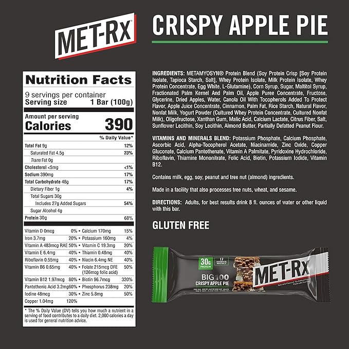MET-Rx Big 100 Colossal Protein Bars, Crispy Apple Pie Meal Replacement Bars, 9 Count (Pack of 2)