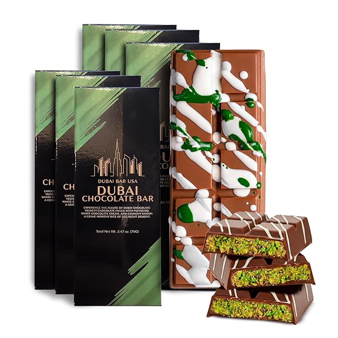 Dubai Chocolate Bar Classic Pistachio – 2.47oz Premium Chocolate with Pistachio Cream & Crispy Kataifi Filling – Dubai Knafeh Dessert Inspired – Made in USA (6 Pack)