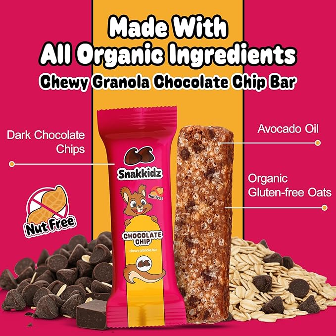 Snakkidz Organic Chewy Granola Bars for Kids, Allergen-Free, Nut-Free, Gluten-Free, Low Sugar Snack Bars Made with Avocado Oil, Individually Wrapped, School Lunch Snacks, Bulk Pack of 45, Chocolate Chip