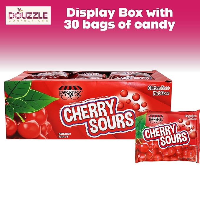 DOUzzle Valentines Day Sweet Treats, Cherry Sours Red Candy Balls, Original Chewy Candies, Mini Packs (30 Count) Individually Wrapped, Party Favor, Goodie Bag & Pinata Filler - Kosher