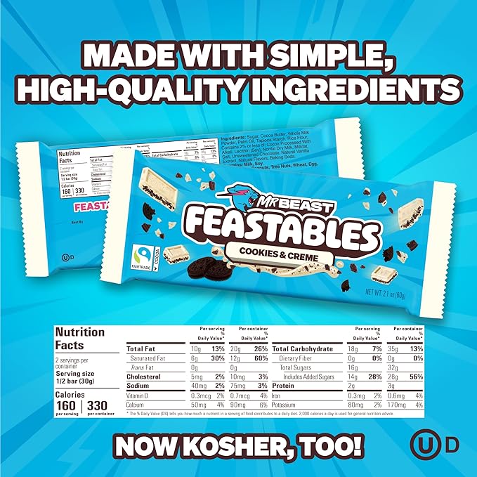 Feastables MrBeast Cookies & Creme Chocolate Bar, New Flavor, King Size Candy Bar for Adults & Kids, Candy Bars for Snacks, Gifts, or Dessert, Sweet & Creamy Fairtrade Cocoa, 2.1 Oz Each, 10 Count