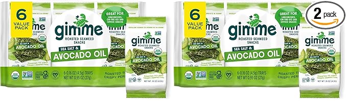 Gimme Seaweed Organic Premium Roasted Seaweed Snacks, Sea Salt & Avocado Oil, 6 Count, Keto, Vegan, Gluten-Free, Great Source of Omega3s and Iodine, Healthy On-The-Go Snack for Kids and Adults