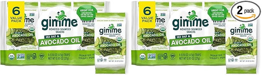 Gimme Seaweed Organic Premium Roasted Seaweed Snacks, Sea Salt & Avocado Oil, 6 Count, Keto, Vegan, Gluten-Free, Great Source of Omega3s and Iodine, Healthy On-The-Go Snack for Kids and Adults