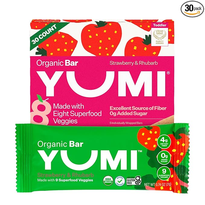 Yumi Organic Toddler Snacks Bars - Gluten-Free, No Added Sugar, 7+ Vegetables, Soft-Baked Crust, Yumi Bars Healthy Toddler Organic Snacks - School Safe and for Lunch Boxes, Strawberry & Rhubarb (30ct.)
