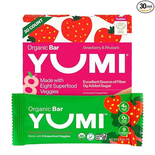 Yumi Organic Toddler Snacks Bars - Gluten-Free, No Added Sugar, 7+ Vegetables, Soft-Baked Crust, Yumi Bars Healthy Toddler Organic Snacks - School Safe and for Lunch Boxes, Strawberry & Rhubarb (30ct.)