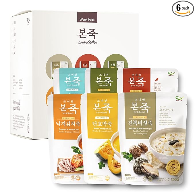 [Week Pack] BONJUK Rice Porridge, 6-Day Meal Kit – Pack of 6 Flavors (10.6oz each) – Abalone & Mushroom, Spicy Jjamppong Seafood, Vegetable, Octopus & Kimchi, Sweet Pumpkin, Seafood