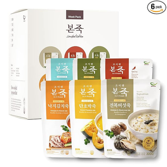 [Week Pack] BONJUK Rice Porridge, 6-Day Meal Kit – Pack of 6 Flavors (10.6oz each) – Abalone & Mushroom, Spicy Jjamppong Seafood, Vegetable, Octopus & Kimchi, Sweet Pumpkin, Seafood