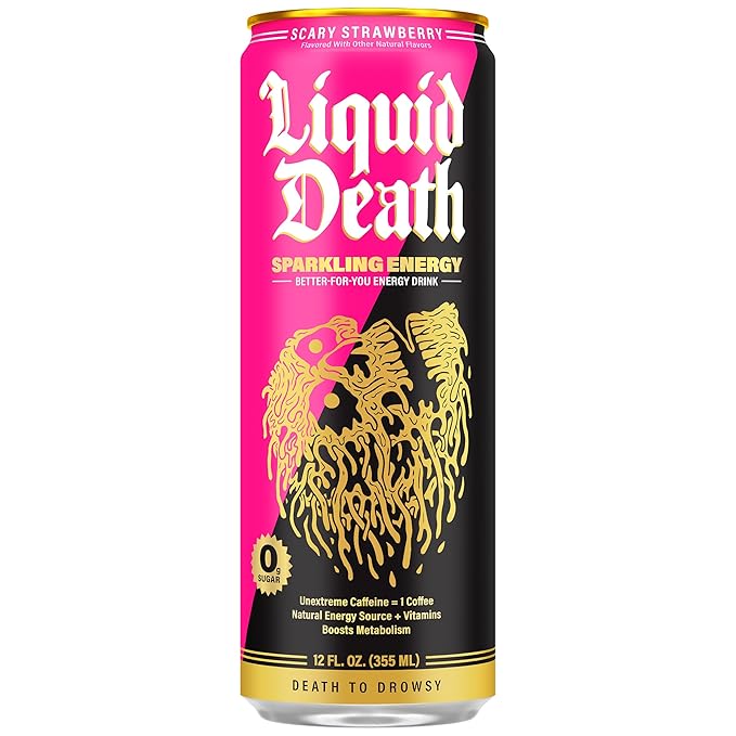 Liquid Death Sparkling Energy - Scary Strawberry, Zero Sugar Energy Drink, Unextreme Caffeine 100mg, Essential Vitamins, 12 Fl Oz (Pack of 12)
