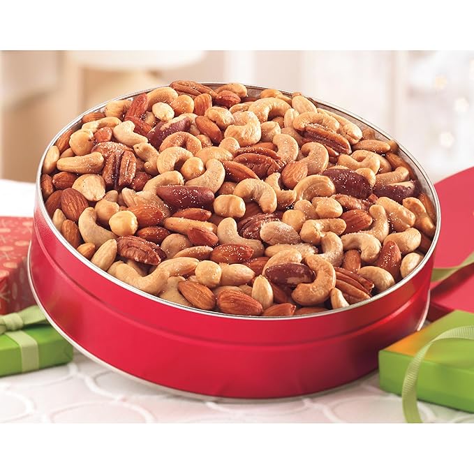 The Swiss Colony Premium Fancy Mixed Nuts in Gift Tin - Pecans, Almonds, Cashews, Brazil Nuts, Filberts (Hazelnuts), No Peanuts, Salted Treats Perfect for Snacking, 15 oz.