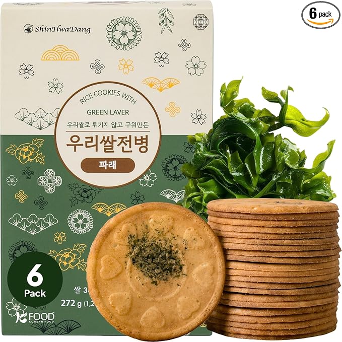 Korean Food Shinwhadang Rice Wafer Snacks(6 packs) – Green Laver(Seaweed) Flavor, Oven-Baked Crispy Rice Crackers, Korean Rice Crisps (9.6 oz)