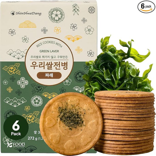 Korean Food Shinwhadang Rice Wafer Snacks(6 packs) – Green Laver(Seaweed) Flavor, Oven-Baked Crispy Rice Crackers, Korean Rice Crisps (9.6 oz)