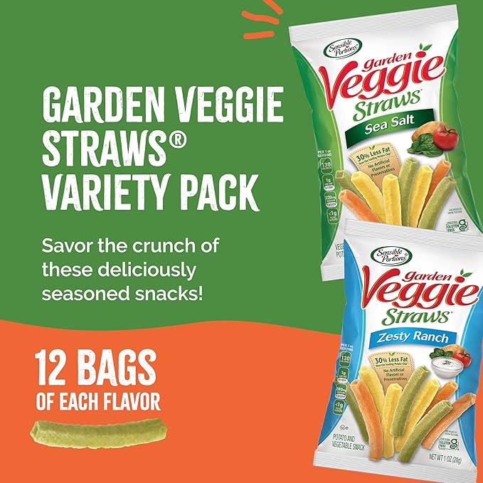 Sensible Portions Garden Veggie Snacks - Veggie Straws, Snack Size Variety Pack, Sea Salt & Zesty Ranch, 1 Oz (Pack of 24)