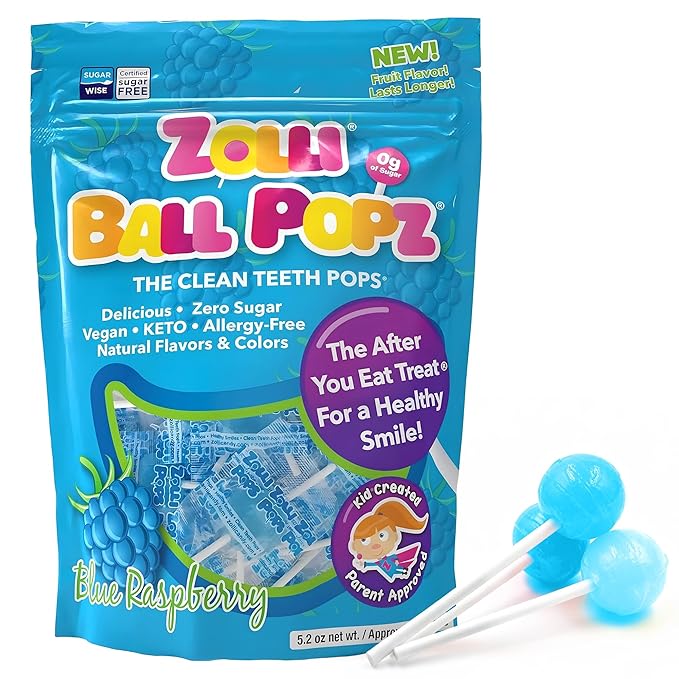 Zollipops Clean Teeth Pops Sugar Free Candy with Xylitol, Dye-Free Lollipops - Keto & Diabetic-Friendly, Dentist-Approved Treats for Kids (Blue Raspberry 5.2 oz)