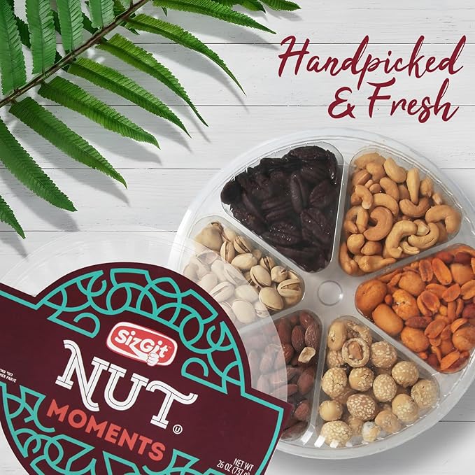 SizGit Nut Gift Baskets, 26oz Mixed Nut Gift Box of 6 Sectional Platter, Ideal Nut Assortment for Holidays, Birthdays, Celebrations, Anniversaries, Corporate Occasions and Everyday Snacking
