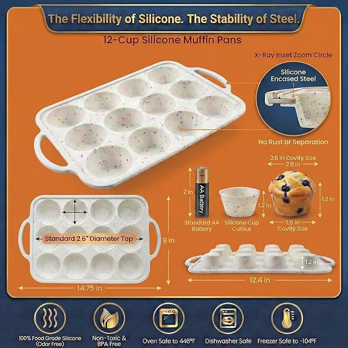 BAKE BOSS 2-Pack Silicone Muffin Pan for Baking with Metal Reinforced Frame, 12 Cup Regular Size Cupcake Pan, BPA Free Silicone Muffin Tray, Cupcake Baking Pan Molds for Oven Dishwasher Safe