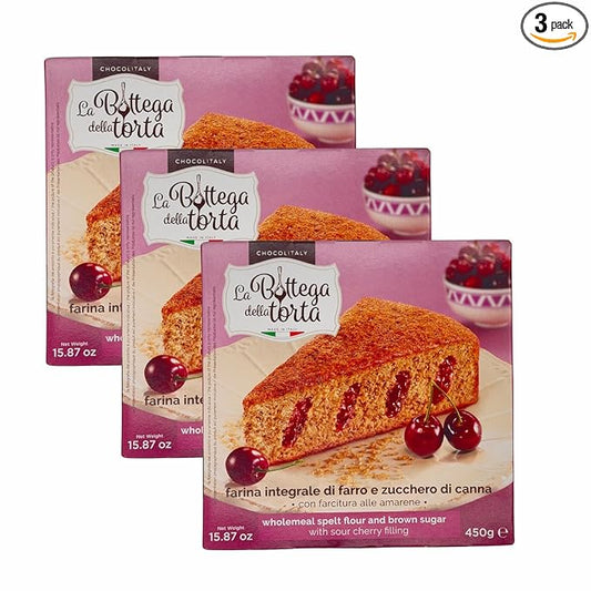 Chocolitaly Italian Cake – Sour Cherry Filling | 450g Each | Pack of 3 | Wholemeal Spelt & Brown Sugar Sponge Dessert | Made in Italy | Shelf-Stable & Ready to Serve