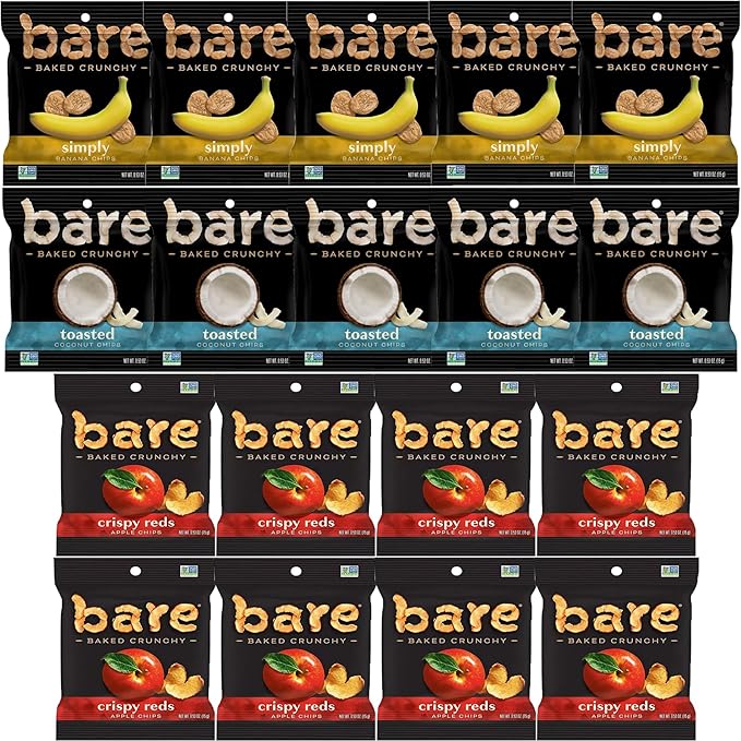 Bare Chips Variety Pack - Assortment of Apple Chips, Banana Chips and Coconut Chips Snack Size - Care Package Gift Box (18 Count)