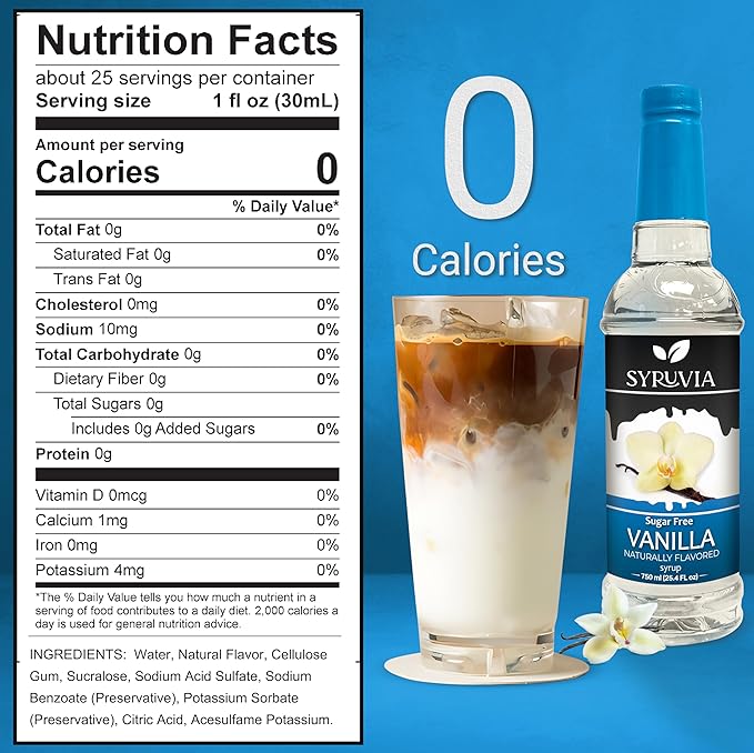 Syruvia Sugar Free Coffee Syrup, Vanilla Flavored Syrup for Drinks, Lattes, and Desserts – 25.4 fl oz