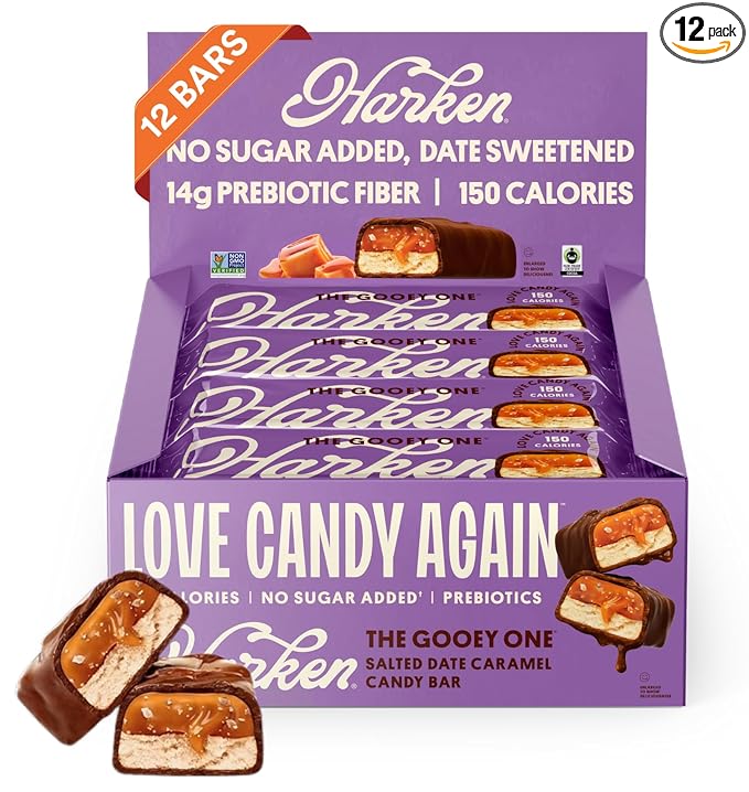 Harken Sweets The Gooey One, Oat Milk Chocolate Candy Bars with Date Caramel, Sweetened with Dates and No Sugar Added, High Fiber, Nut-Free, Gluten-Free, Plant-Based, 12 Bars