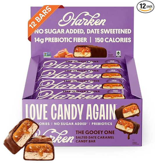 Harken Sweets The Gooey One, Oat Milk Chocolate Candy Bars with Date Caramel, Sweetened with Dates and No Sugar Added, High Fiber, Nut-Free, Gluten-Free, Plant-Based, 12 Bars