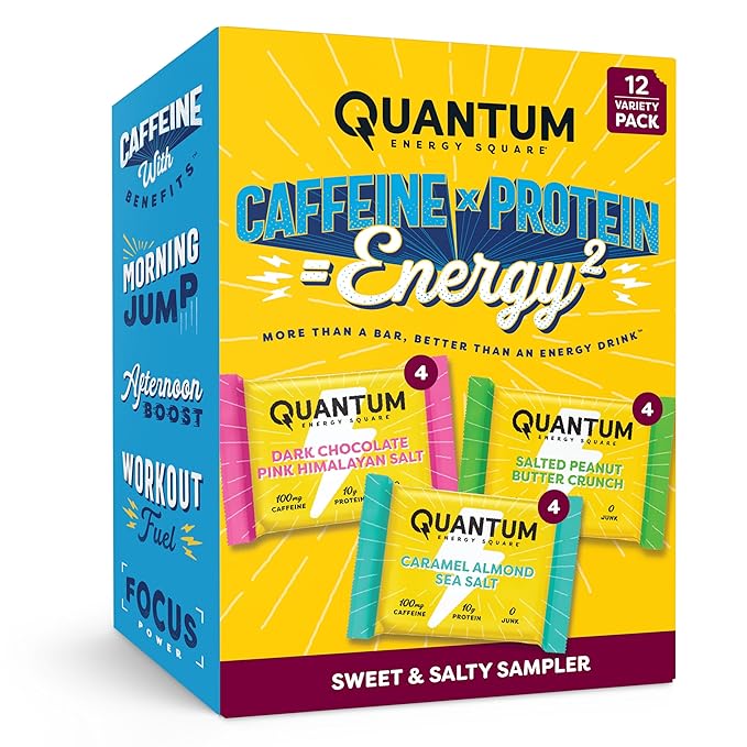 Quantum Energy Square - Dark Chocolate Pink Himalayan Salt, Salted Peanut Butter Crunch, Caramel Almond Sea Salt - Variety 12-Pack - 4 Bars Each