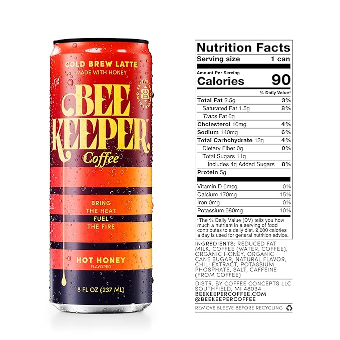 Beekeeper Coffee Cold Brew - Hot Honey Latte - 12 Pack - Specialty Grade Coffee Beans, Ready-to-Drink On-the-Go, Hot Chili Flavor