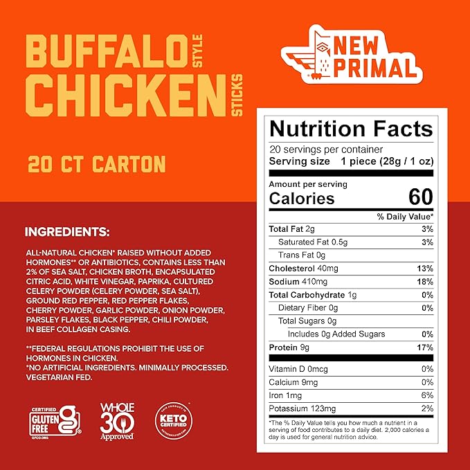 New Primal Buffalo Chicken Sticks, Keto, Gluten Free Healthy Snacks, Sugar Free Low Carb High Protein, Jerky Meat Stick, 9g Protein, 20 Ct