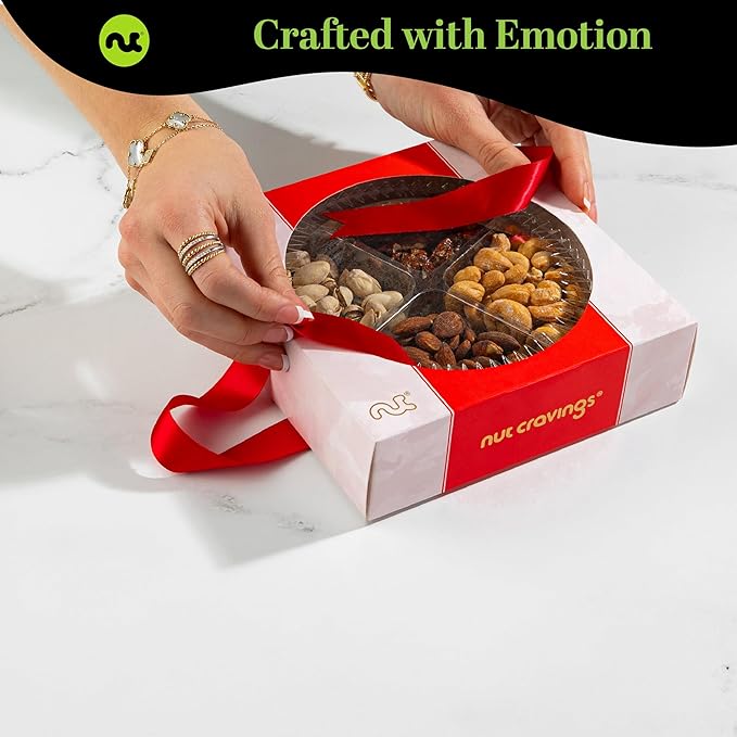 NUT CRAVINGS - Valentines Day Mixed Nuts Gift Basket in Red Gold Box (4 Assortments) Treats for Adults, Food Arrangement, Healthy Snack Care Package, Kosher