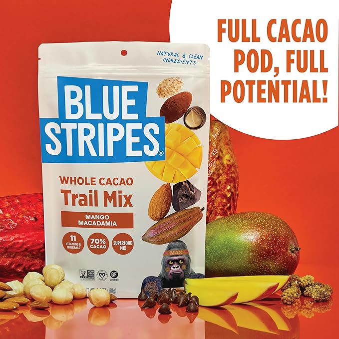 Blue Stripes - Trail Mix, 70% Chocolate Chips, Almonds, Macadamia Nuts, Mango, Healthy Snacks for Adults, Whole 70% Cacao, With Unrefined Sugar, Non GMO, Gluten Free, Vegan - 4 Pack, 8 oz