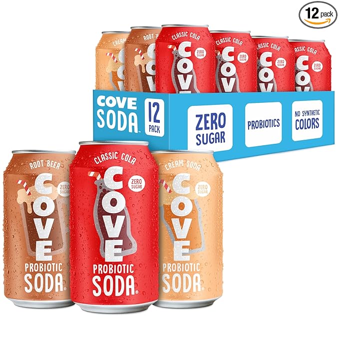 Cove Probiotic Soda, Zero Sugar Better-For-You Alternative - Refreshing, Delicious Probiotic Drink, No Synthetic Colors & Caffeine Free – Nostalgic Variety, 12 Pack