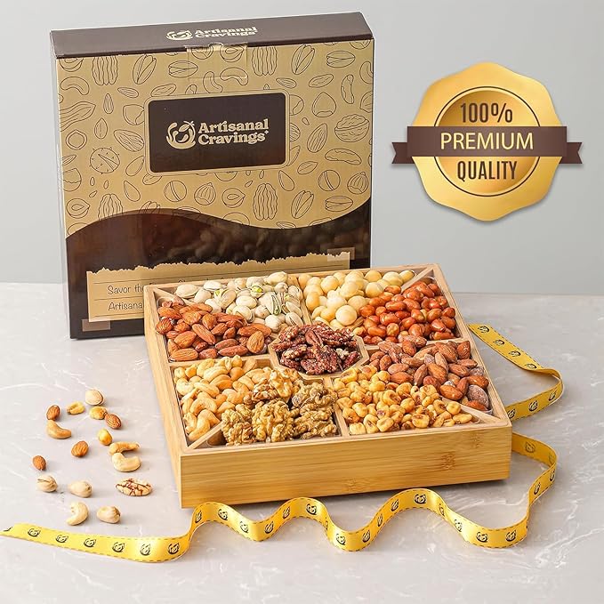 Gourmet Mixed Nuts Gift Basket in Sleek Bamboo Wood Reusable Platter | XL 2 lb Platter Includes 9 Assortments of Premium Nuts, Kosher