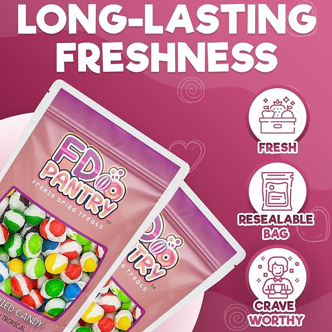 Freeze Dried Candy, 2 Pack Fruit Crunch Tropical, 4 oz, Assorted Variety Flavors, Bag Pouch, Ideal Gift Snack